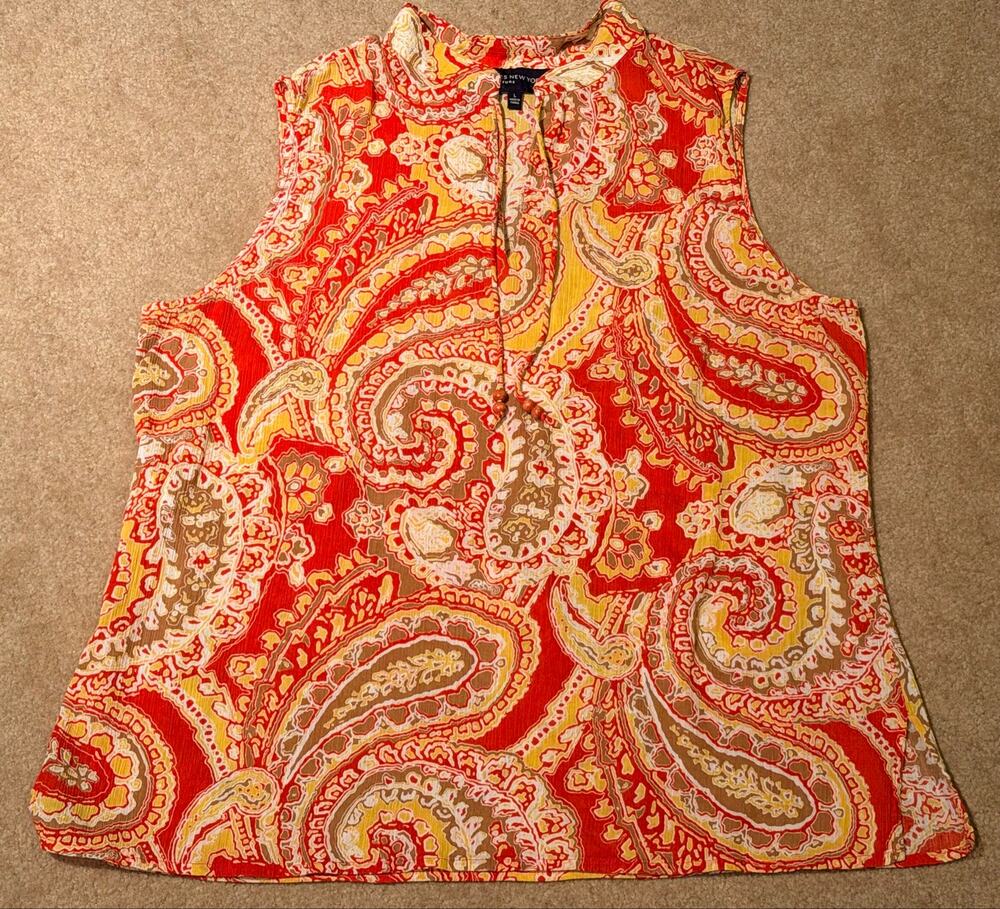 Jones New York Signature Womens Red Orange Paisley Sleeveless Top Blouse Size L